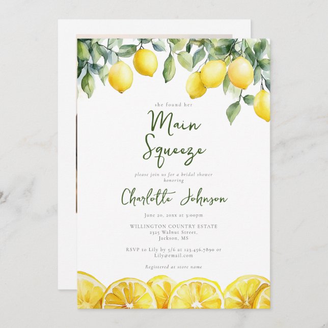 Main Squeeze Watercolor Photo QR Bridal Shower Invitation (Front/Back)
