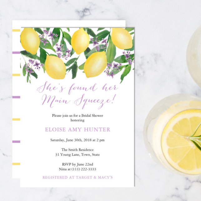 Main Squeeze Yellow Lemons Purple Bridal Shower Invitation (Creator Uploaded)