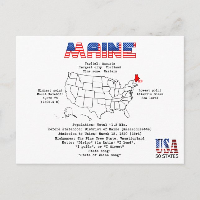 Maine American state on a map and useful info Holiday Postcard (Front)
