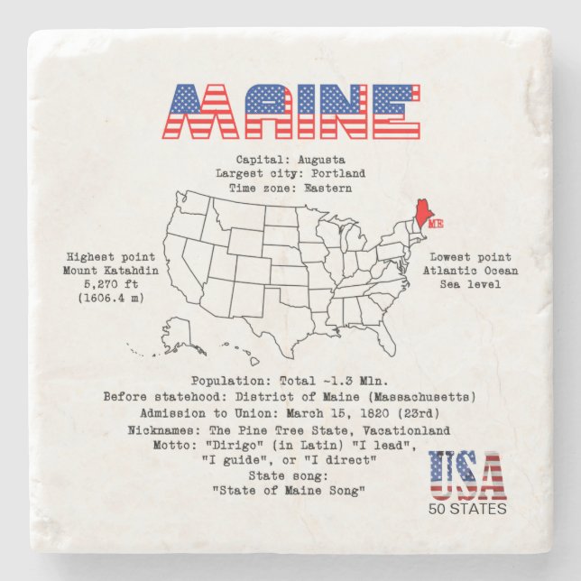 Maine American state on a map and useful info Stone Coaster (Front)