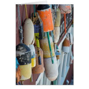 Maine, Bar Harbour. Colourful lobster trap buoys