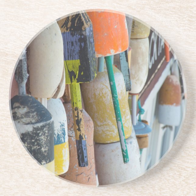 Maine, Bar Harbour. Colourful lobster trap buoys Coaster (Front)