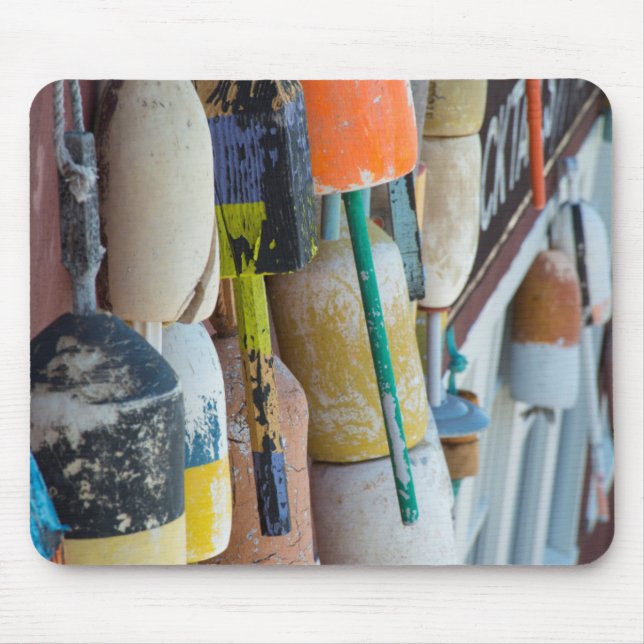 Maine, Bar Harbour. Colourful lobster trap buoys Mouse Pad (Front)