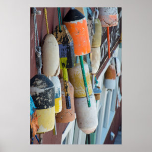 Maine, Bar Harbour. Colourful lobster trap buoys Poster