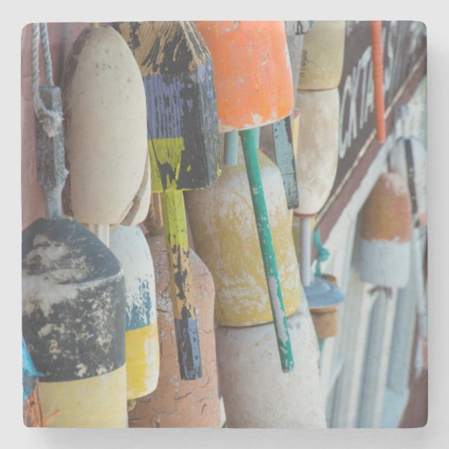 Maine, Bar Harbour. Colourful lobster trap buoys Stone Coaster (Front)