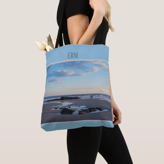 Maine Beach Low Tide Blue Monogramed Tote Bag (Close Up)