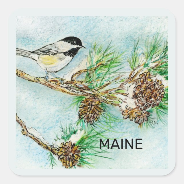 Maine bird and flower square sticker (Front)