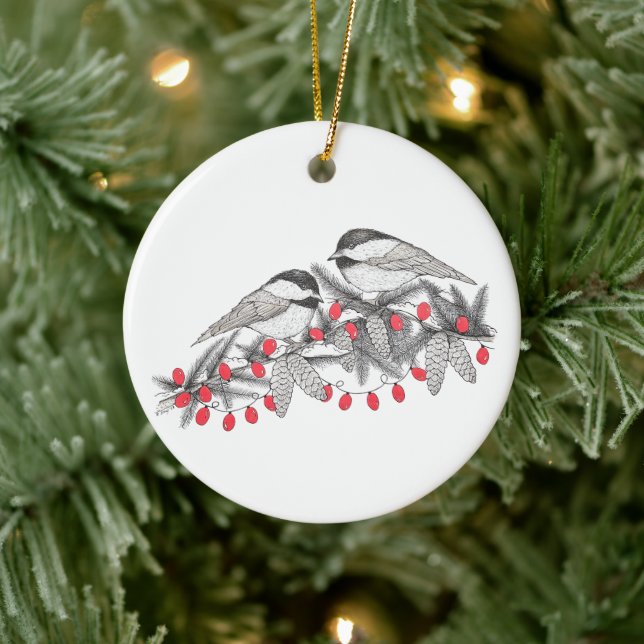 Maine Chickadee Bird Pen and Ink Christmas Holiday Ceramic Tree Decoration (Tree)