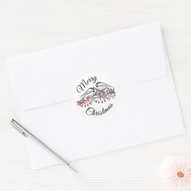 Maine Chickadee Bird Pen and Ink Christmas Holiday Classic Round Sticker (Envelope)