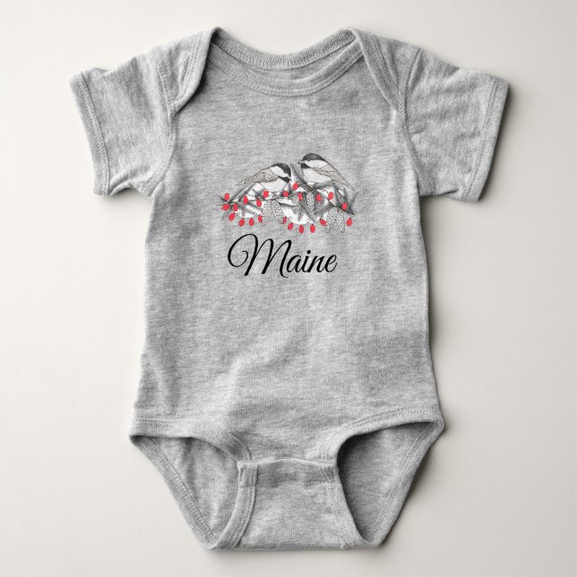 Maine Chickadee Bird Winter Christmas Holiday Snow Baby Bodysuit (Front)