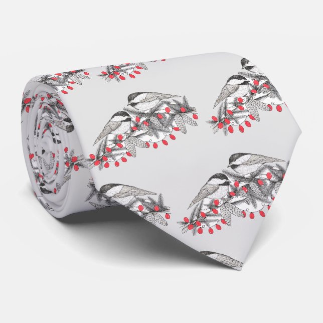 Maine Chickadee Bird Winter Christmas Holiday Snow Tie (Rolled)