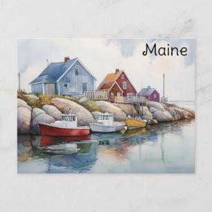 Maine Coast Colourful Houses Watercolor Travel Postcard