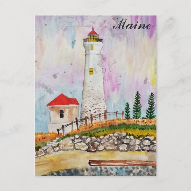 Maine Coast Lighthouse Watercolor Travel Postcard (Front)
