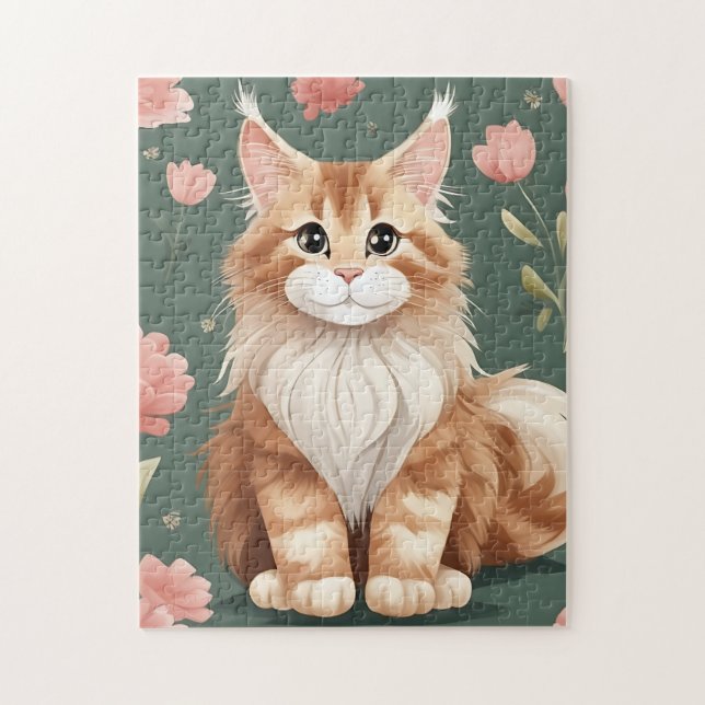Maine Coon Art with pink flowers Jigsaw Puzzle (Vertical)