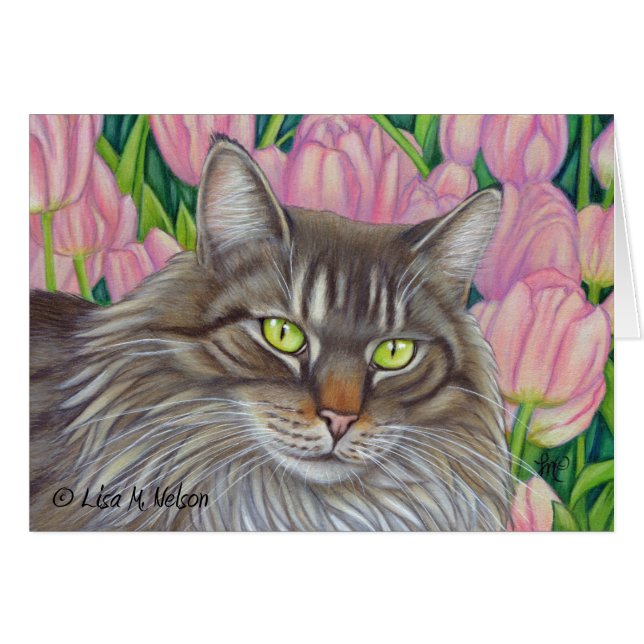 Maine Coon Cat and Pink Tulips (Front Horizontal)