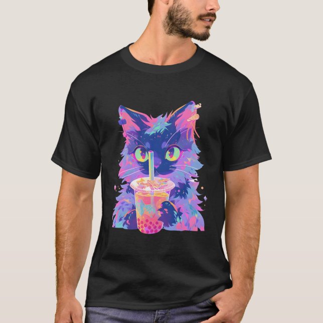 Maine Coon Cat Boba Drink Kawaii Anime Bubble Tea T-Shirt (Front)