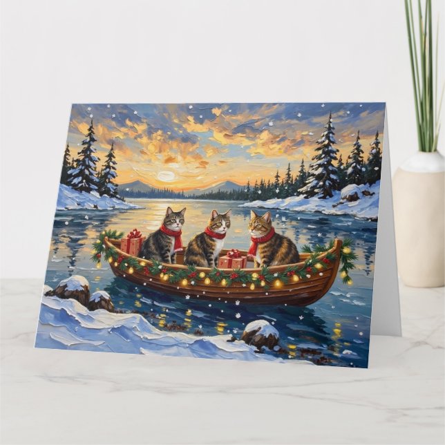 Maine Coon Cat Christmas Boat Holiday Card (Front)