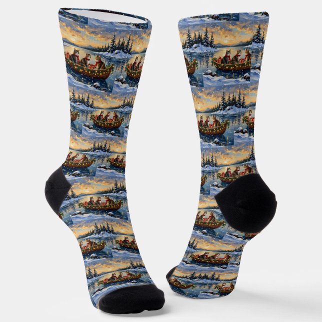 Maine Coon Cat Christmas Boat Holiday Socks (Angled)