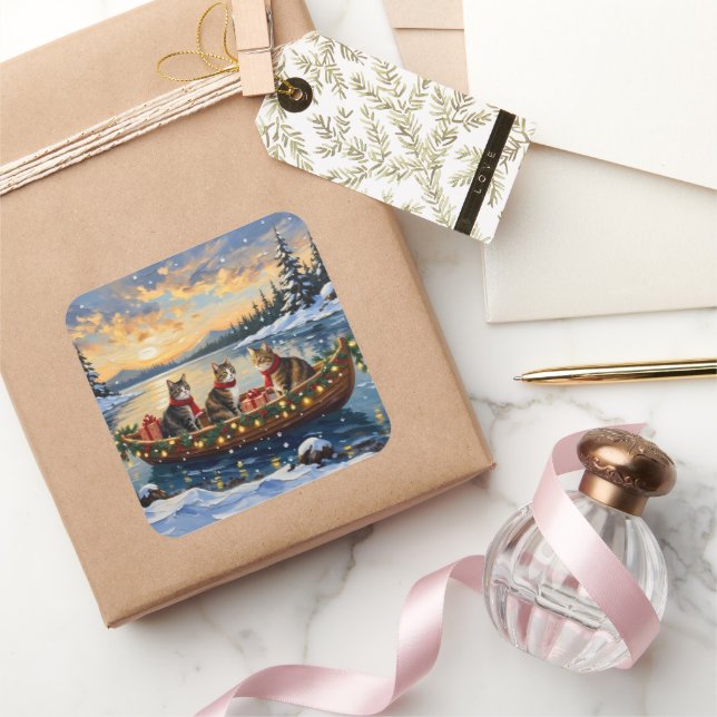 Maine Coon Cat Christmas Boat Holiday Square Sticker (Gifting)