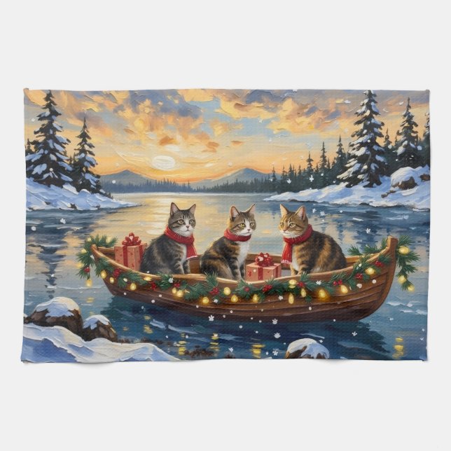 Maine Coon Cat Christmas Boat Holiday Tea Towel (Horizontal)