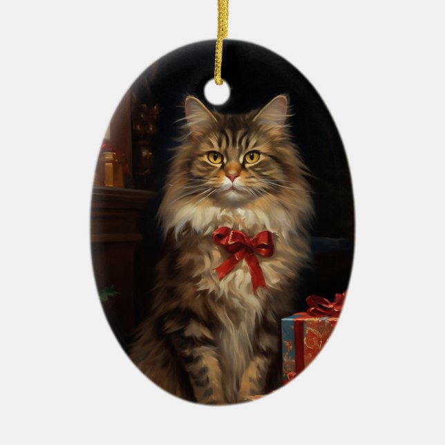 Maine Coon cat Christmas Ceramic Tree Decoration (Front)