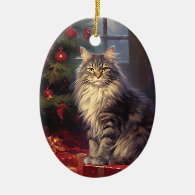 Maine Coon cat Christmas Ceramic Tree Decoration (Front)