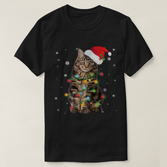 Maine Coon Cat Christmas Light Tshirt Funny Cat Lo (Design Front)