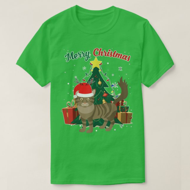 Maine Coon Cat Christmas Tree Snow Flakes Xmas Pre T-Shirt (Design Front)
