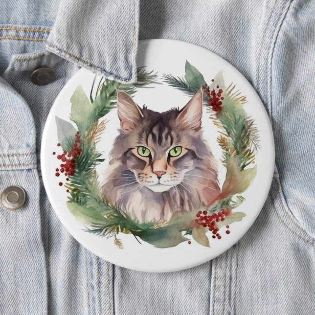 Maine Coon Cat Christmas Wreath Festive Kitten 6 Cm Round Badge (In Situ)