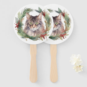 Maine Coon Cat Christmas Wreath Festive Kitten Hand Fan
