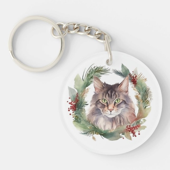 Maine Coon Cat Christmas Wreath Festive Kitten Key Ring (Front)