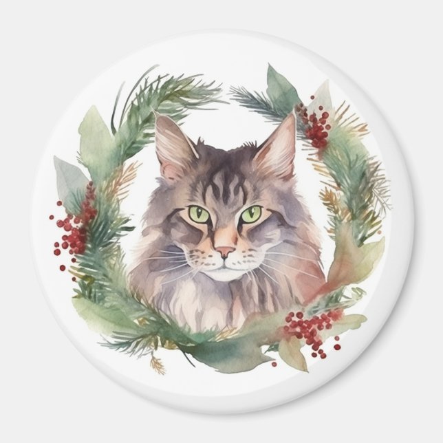 Maine Coon Cat Christmas Wreath Festive Kitten Magnet (Front)