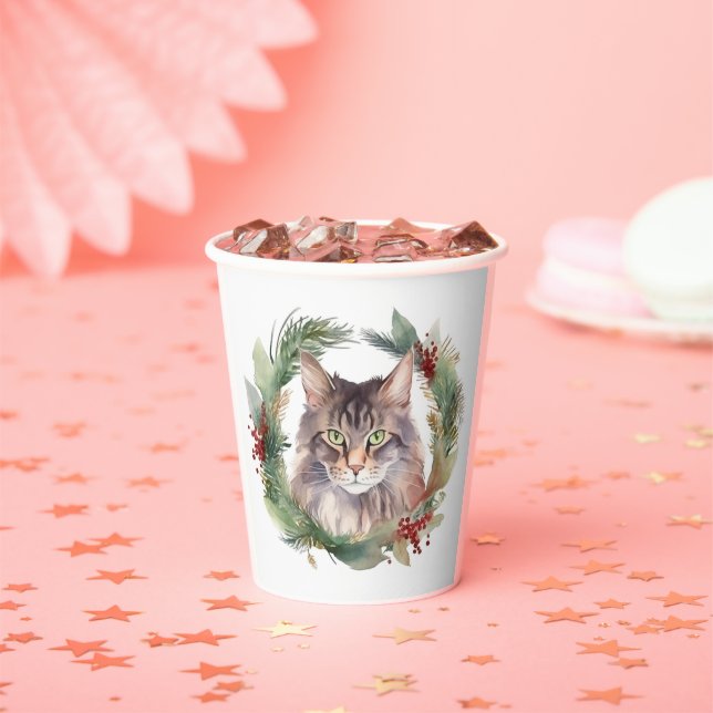 Maine Coon Cat Christmas Wreath Festive Kitten Paper Cups (Insitu)
