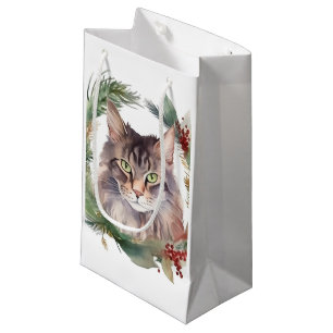 Maine Coon Cat Christmas Wreath Festive Kitten Small Gift Bag