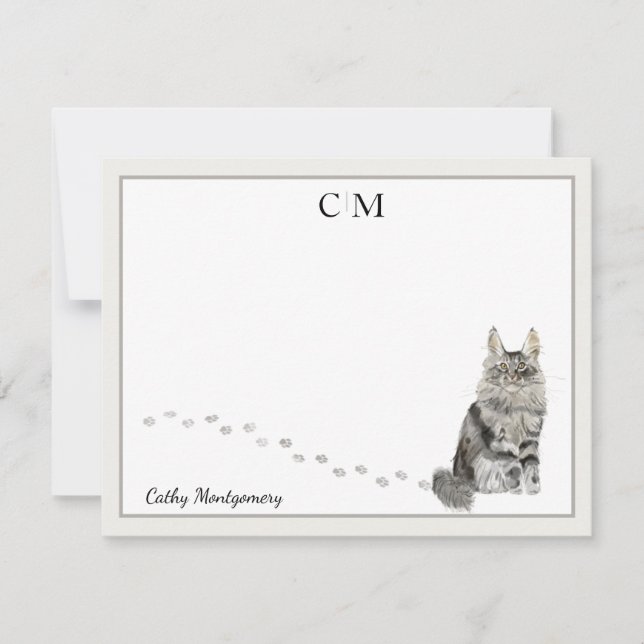 Maine Coon Cat Grey Border Monogram Name Note Card (Front)