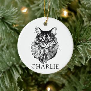 Maine Coon Cat Hand Drawing Personalised Ceramic Tree Decoration