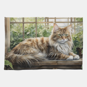 Maine Coon Cat in a Cosy Indoor Garden Tea Towel
