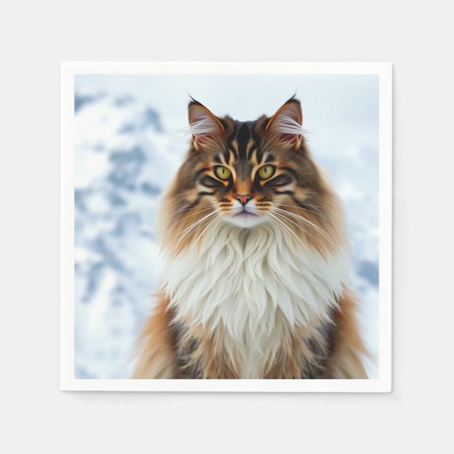 Maine Coon Cat in a Snowy Wilderness Portrait Napkin (Front)