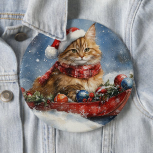 Maine Coon Cat in Sledge Let it Snow Christmas 6 Cm Round Badge