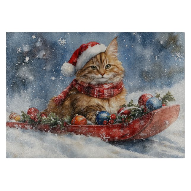 Maine Coon Cat in Sledge Let it Snow Christmas Cutting Board (Front)