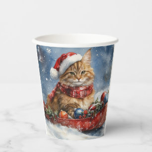 Maine Coon Cat in Sledge Let it Snow Christmas Paper Cups
