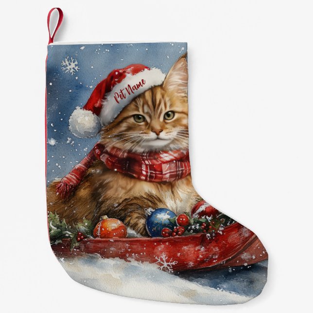 Maine Coon Cat in Sledge Let it Snow Christmas Small Christmas Stocking (Front)