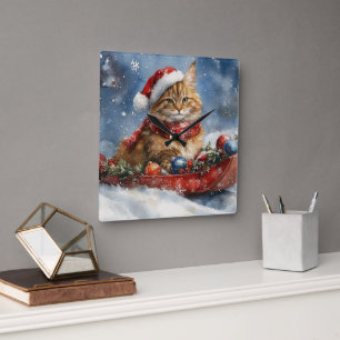 Maine Coon Cat in Sledge Let it Snow Christmas Square Wall Clock