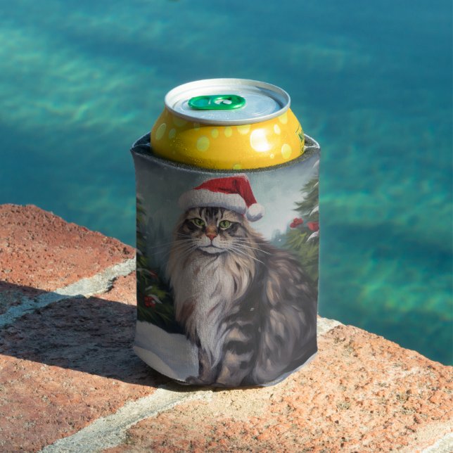 Maine Coon Cat in Snow Christmas Can Cooler (In Situ Pool)
