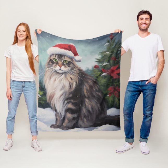 Maine Coon Cat in Snow Christmas Fleece Blanket (In Situ)