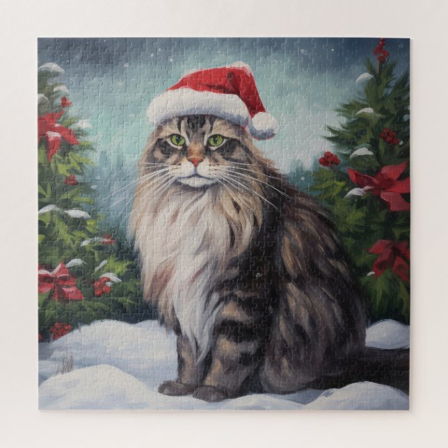 Maine Coon Cat in Snow Christmas Jigsaw Puzzle (Vertical)