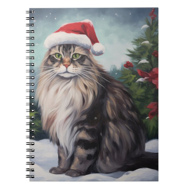 Maine Coon Cat in Snow Christmas Notebook (Front)