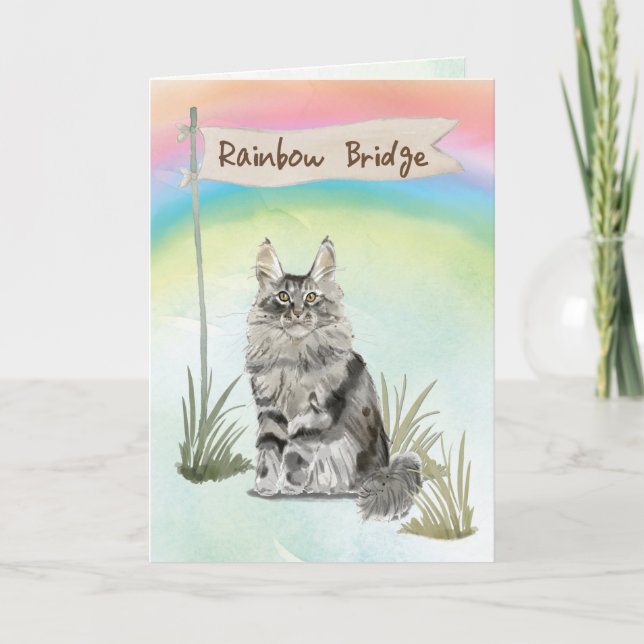 Maine Coon Cat Pet Sympathy Over Rainbow Bridge Card (Front)