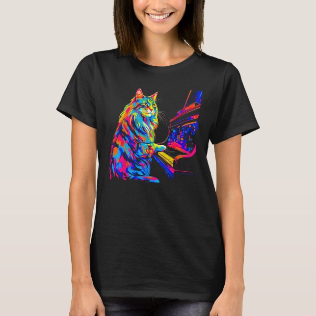 Maine Coon Cat Pianist T-Shirt (Front)