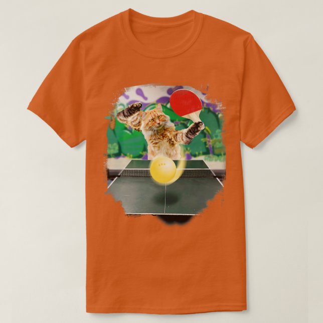 Maine Coon Cat Playing Table Tennis Ping Pong T-Shirt (Design Front)